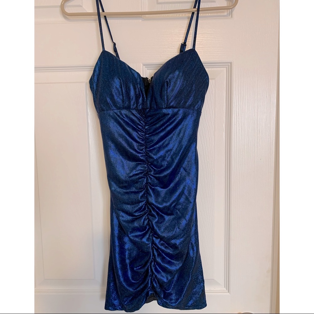Rutched blue evening dress